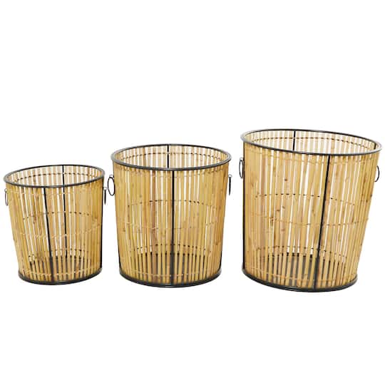 Light Brown Rattan Handmade Slatted Frame Storage Basket with Ring Handles Set of 3 20", 18", 15"